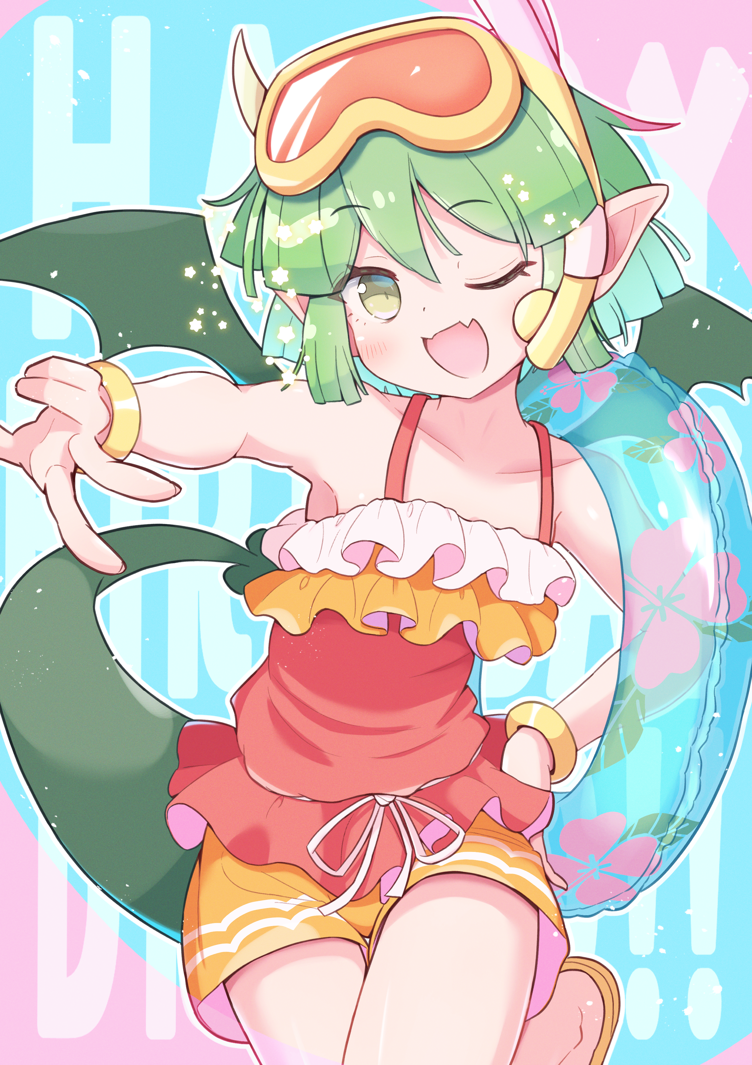 jazz grace, draco centauros, puyopuyo, puyopuyo quest, absurdres, commentary request, highres, 1girl, bracelet, collarbone, draco centauros (midsummer), dragon girl, dragon horns, dragon tail, dragon wings, drawstring, fang, frills, goggles, goggles on head, gold bracelet, green hair, green tail, green wings, horns, innertube, jewelry, one eye closed, orange shorts, pointy ears, short hair, shorts, sidelocks, snorkel, snorkel mask, solo, swim goggles, swim ring, tail, tied drawstring, v, wings, yellow eyes