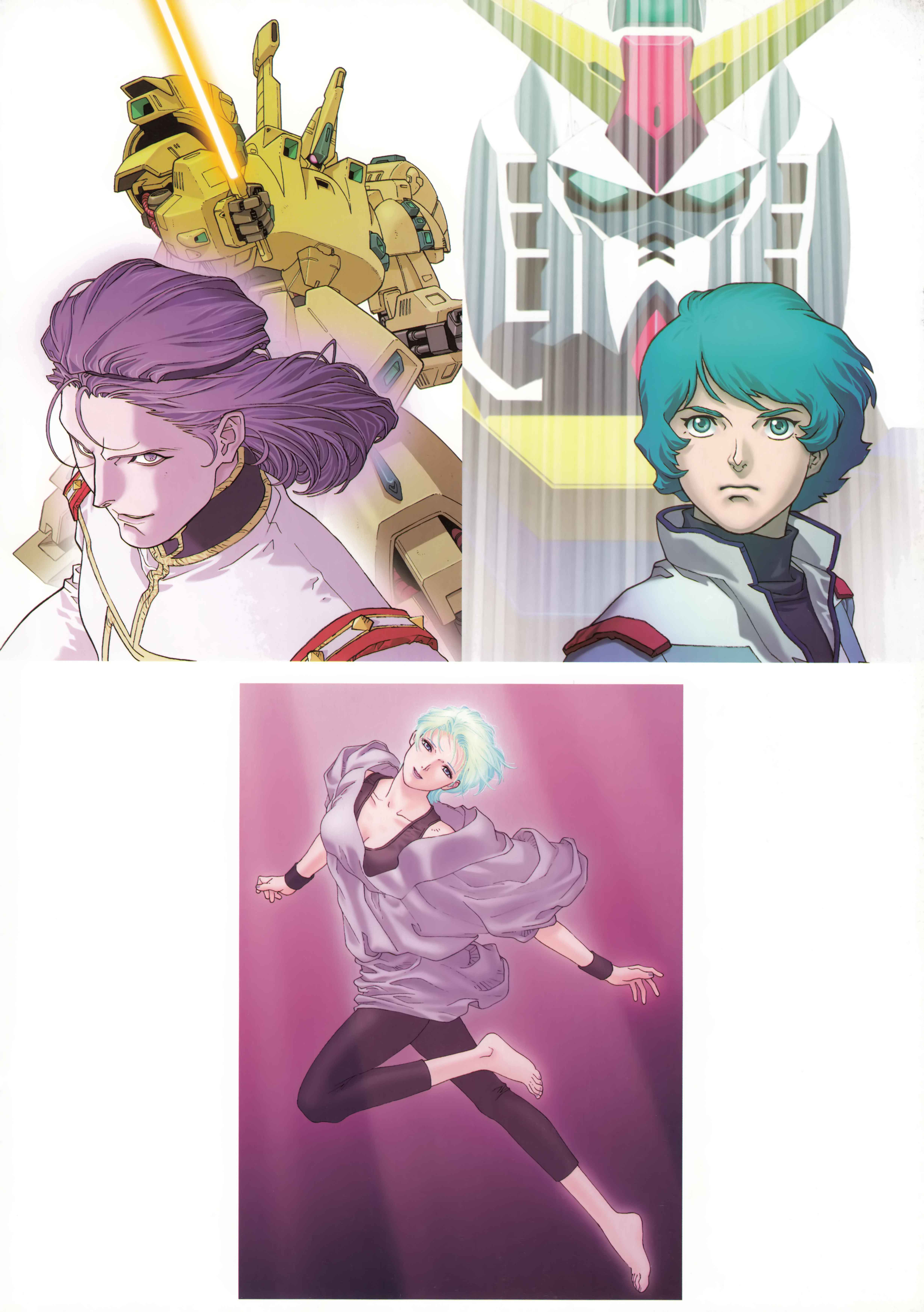kitazume hiroyuki, four murasame, gundam mk ii, kamille bidan, paptimus scirocco, the o (mobile suit), gundam, zeta gundam, absurdres, highres, official art, 1980s fashion, 1girl, 2boys, aeug, aqua hair, barefoot, blue eyes, blue hair, energy sword, happy, leggings, leotard, machinery, mecha, military rank insignia, military uniform, mobile suit, multiple boys, one-eyed, purple hair, robot, science fiction, serious, smirk, sword, titans (gundam), v-fin, weapon