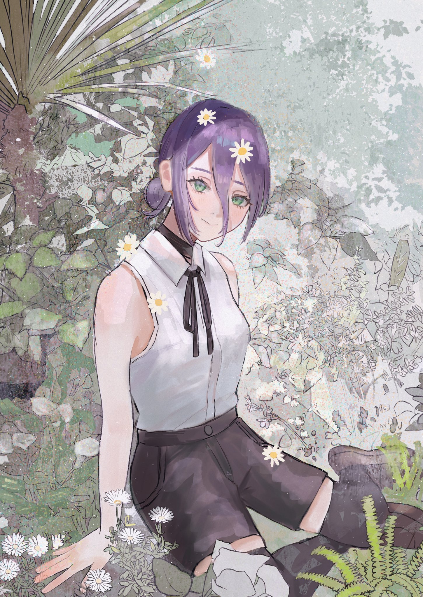 purupurualiens, reze (chainsaw man), chainsaw man, highres, black choker, black ribbon, black thighhighs, choker, flower, flower on chest, flower on head, flower on leg, flower on shoulder, green eyes, hair between eyes, hair bun, long hair between eyes, looking at viewer, nature, neck ribbon, on ground, pantyhose, plant, purple hair, ribbon, scenery, shirt, shirt tucked in, single hair bun, sleeveless, sleeveless shirt, thighhighs