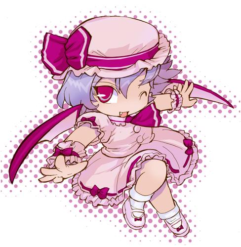 #104, i04, remilia scarlet, touhou, bad id, bad pixiv id, lowres, 1girl, bat wings, chibi, fang, female focus, hat, one eye closed, purple hair, red eyes, short hair, solo, wings, wink, wrist cuffs