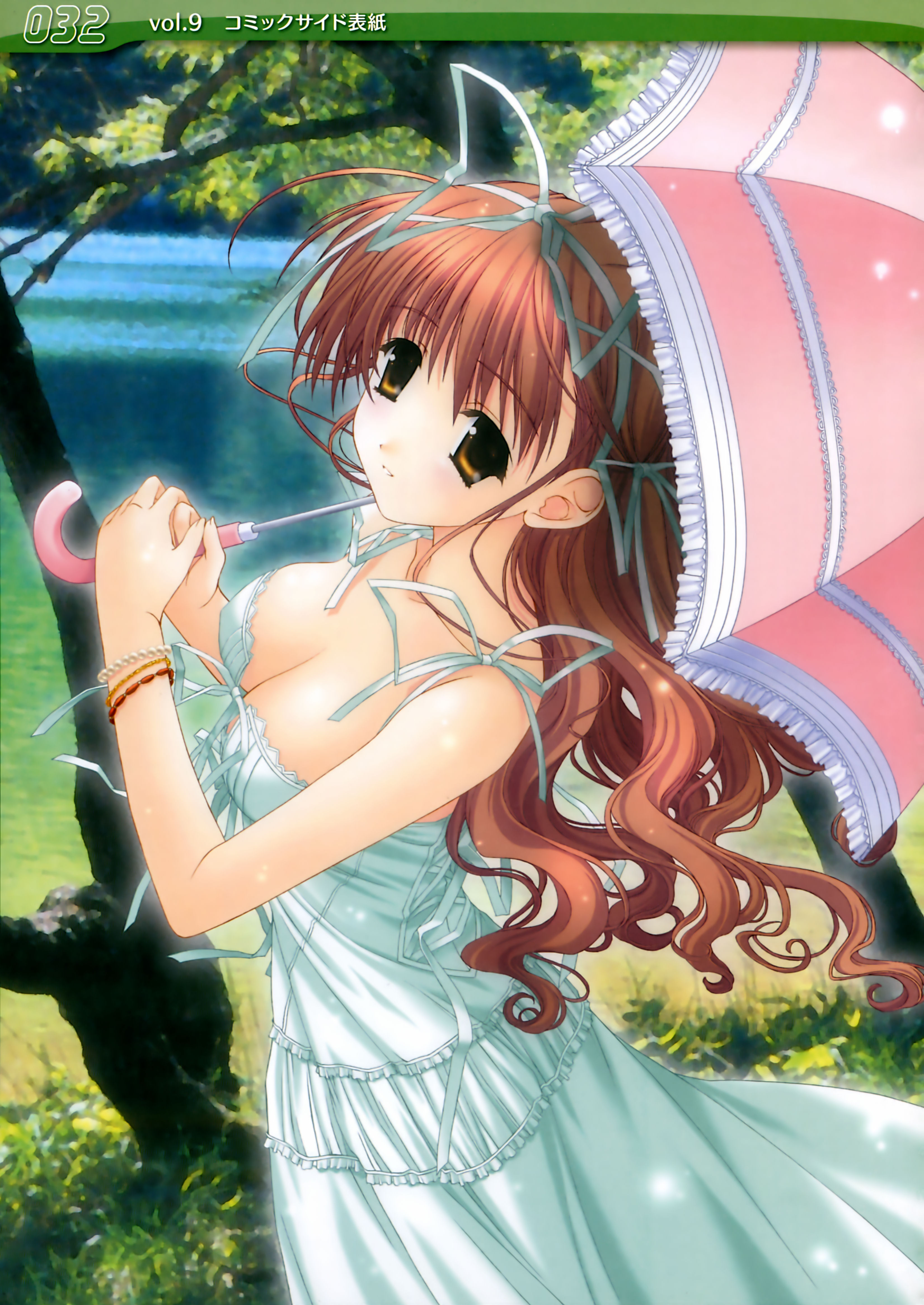 kimizuka aoi, original, absurdres, highres, scan, 1girl, bracelet, breasts, brown eyes, brown hair, cleavage, dress, female focus, frills, hair ribbon, jewelry, large breasts, long hair, looking back, nature, orange eyes, outdoors, pink hair, ribbon, smile, solo, tree, umbrella, water, wavy hair, yellow eyes