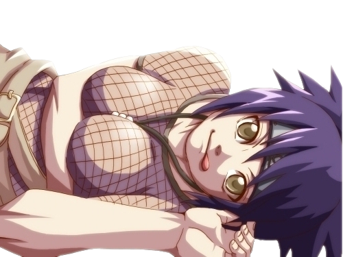 mitarashi anko, naruto (classic), naruto (series), artist request, lowres, 1girl, bodysuit, breasts, female focus, fishnet top, fishnets, grin, large breasts, short hair, smile, solo, tongue, transparent background