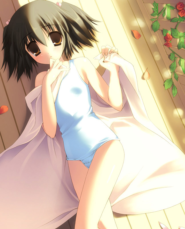 toranosuke, yuzuhara konomi, to heart (series), to heart 2, 00s, 1girl, bare legs, bed sheet, brown eyes, brown hair, child, female focus, one-piece swimsuit, panties, school swimsuit, solo, swimsuit, underwear, white one-piece swimsuit, white school swimsuit