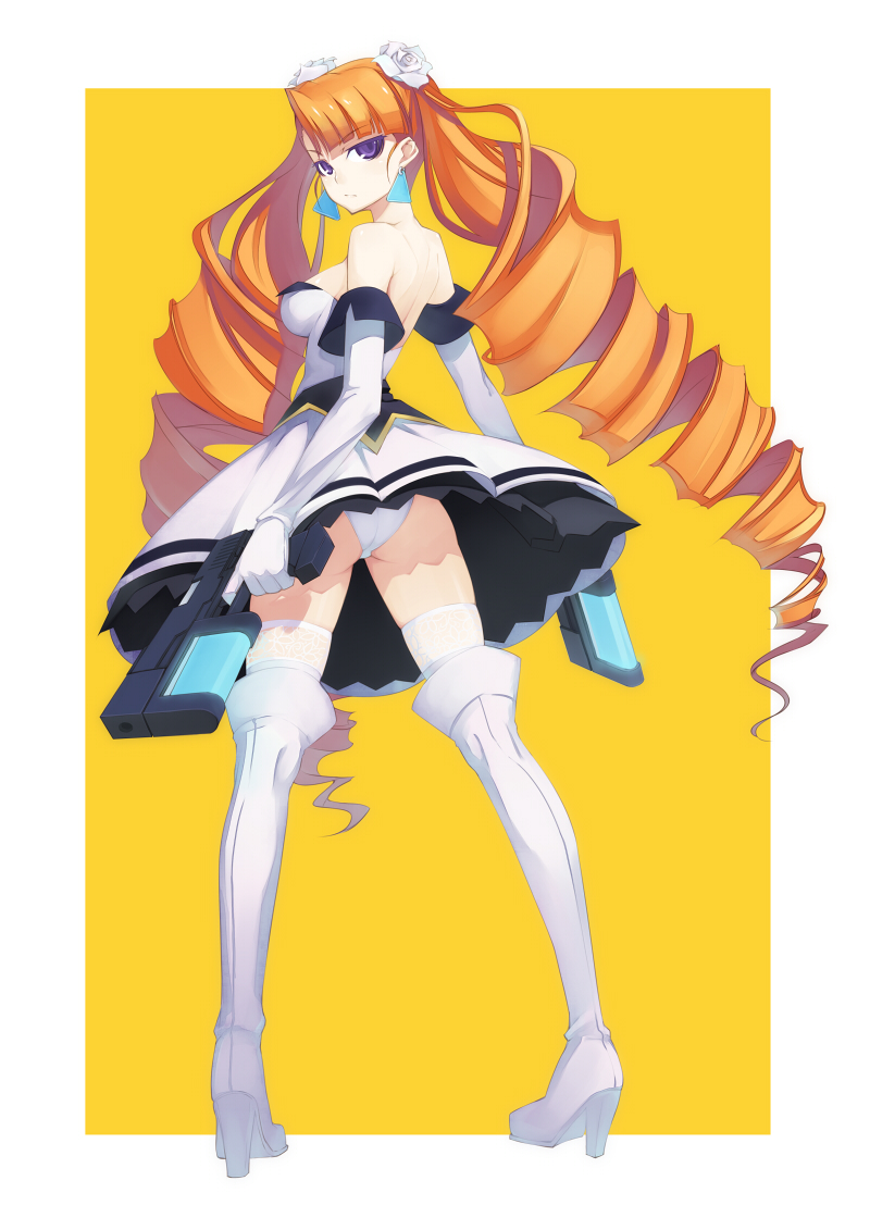 shingo (missing link), petra johanna lagerkvist, aq interactive, arcana heart, arcana heart 2, atlus, examu, lace-trimmed legwear, bad id, bad pixiv id, 1girl, ass, back, bare shoulders, boots, dress, drill hair, dual wielding, earrings, female focus, flower, from behind, gloves, gun, hair flower, hair ornament, high heel boots, high heels, holding, jewelry, lace, lace trim, legs, long hair, looking back, orange hair, panties, pantyshot, purple eyes, rose, shoes, simple background, skirt, solo, thigh boots, thighhighs, twin drills, twintails, underwear, upskirt, very long hair, weapon, white flower, white panties, white rose, white skirt, white thighhighs, yellow background, zettai ryouiki