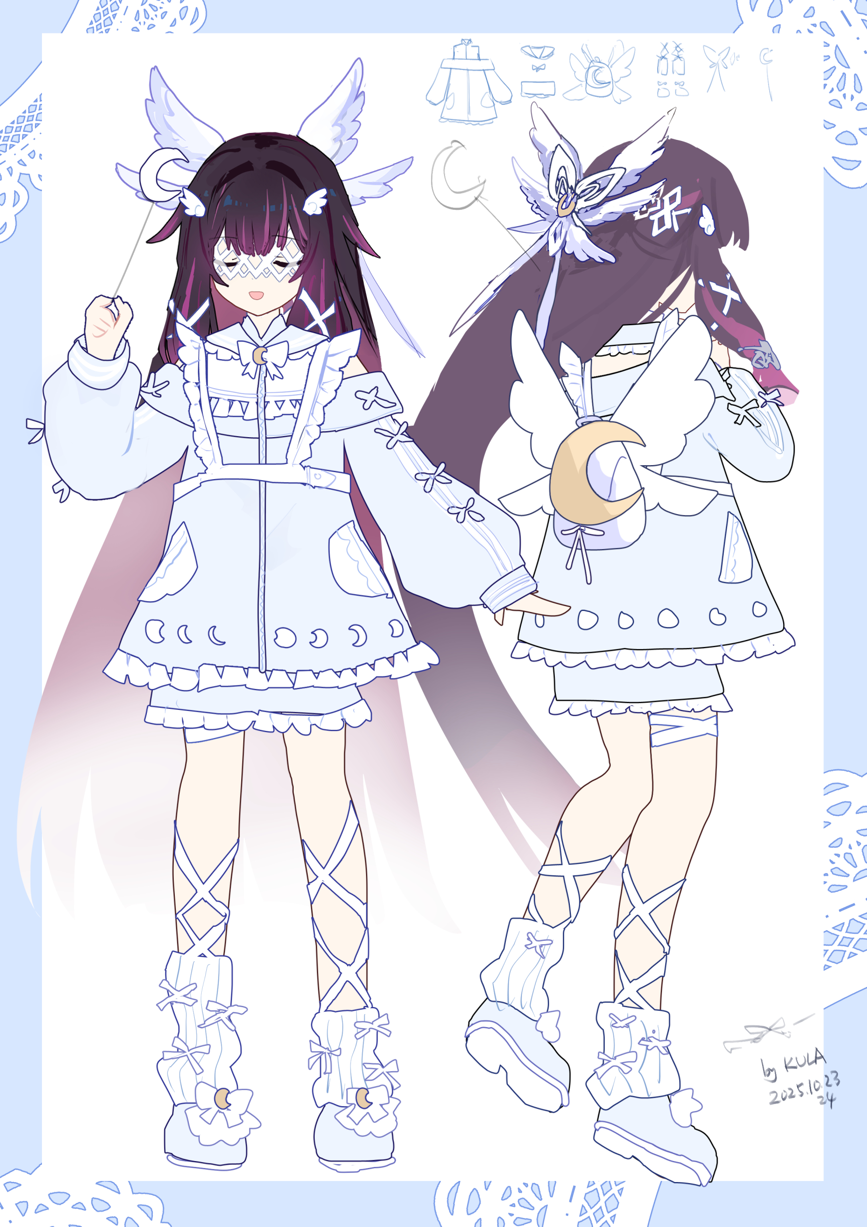 kkkula (kula), columbina (genshin impact), genshin impact, absurdres, chinese commentary, commentary request, highres, 1girl, alternate costume, backpack, bag, black hair, blue border, blue dress, blue shoes, border, closed eyes, crescent, dress, eye mask, full body, hair ornament, holding, holding wand, leg ribbon, leg warmers, long hair, long sleeves, mask, multicolored hair, multiple views, open mouth, puffy long sleeves, puffy sleeves, purple hair, ribbon, shoes, simple background, smile, two-tone hair, very long hair, wand, white background, white leg warmers, white ribbon, wing hair ornament, x hair ornament