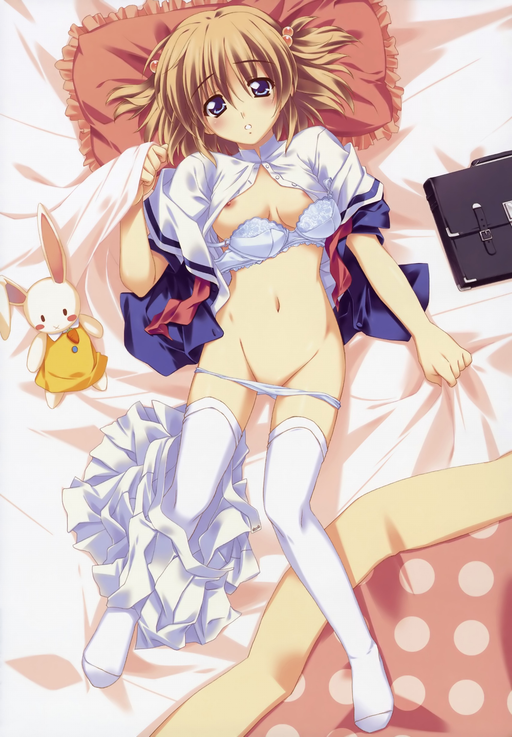 kusukusu, nonosaki tsubasa, moshimo ashita ga hare naraba, absurdres, highres, non-web source, 1girl, bed, blue eyes, bra, breasts, brown hair, female focus, hair bobbles, hair ornament, lingerie, lying, medium breasts, open clothes, open shirt, panties, pillow, shirt, short hair, skirt, socks, solo, thighhighs, underwear, white panties, white socks
