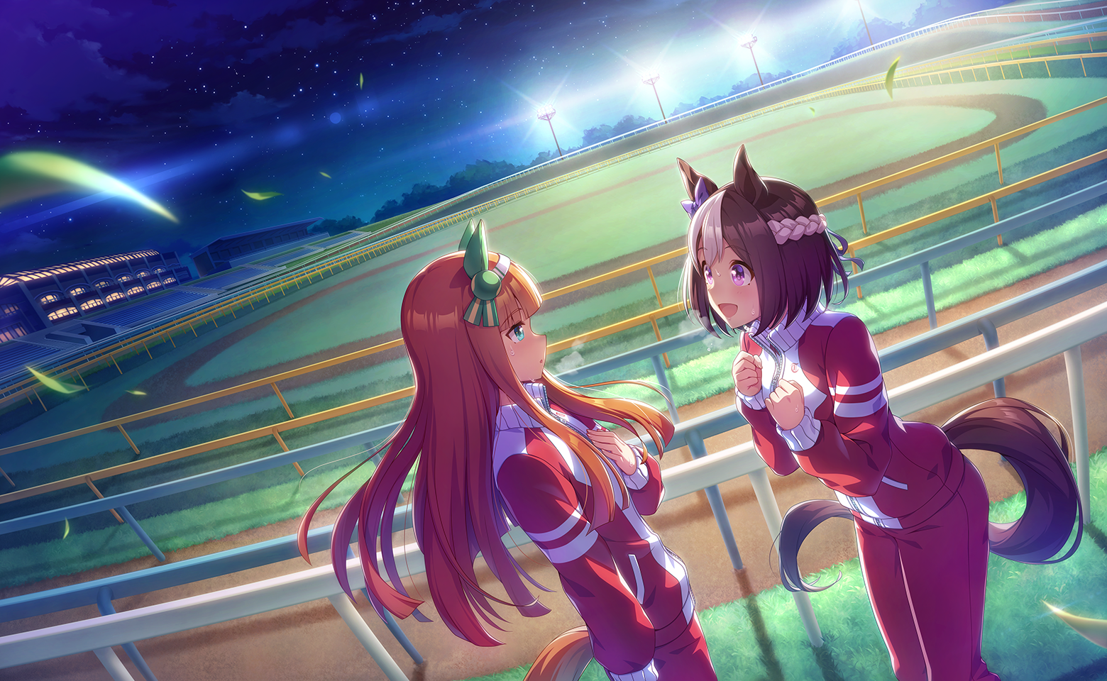 silence suzuka (umamusume), special week (umamusume), umamusume, artist request, official art, 2girls, :o, animal ears, aqua eyes, bleachers, blunt bangs, blunt ends, blush, bow, braid, brown hair, bush, clenched hands, crest, dutch angle, ear bow, ear covers, eye contact, feet out of frame, green ribbon, hair ornament, hair ribbon, half up braid, hand on own chest, happy, heavy breathing, horse ears, horse girl, horse tail, jacket, lamppost, long hair, long sleeves, looking at another, multicolored hair, multicolored jacket, multiple girls, night, night sky, open mouth, orange hair, outdoors, pants, pocket, puffy long sleeves, puffy sleeves, purple bow, purple eyes, red jacket, red pants, ribbon, school, shadow, short hair, single stripe, sky, smile, sphere hair ornament, star (sky), starry sky, streaked hair, striped ribbon, sweat, sweatpants, tail, tareme, teeth, tracen training uniform, track and field, track jacket, tree, turtleneck, turtleneck jacket, two-tone jacket, upper teeth only, very long hair, white hair, white jacket, zipper