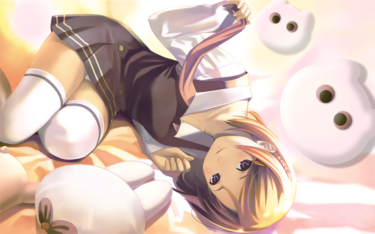 koutaro, character request, source request, 1girl, blonde hair, braid, female focus, grey eyes, lying, on side, panties, pantyshot, school uniform, short hair, smile, solo, thighhighs, underwear, white panties, white thighhighs, zettai ryouiki