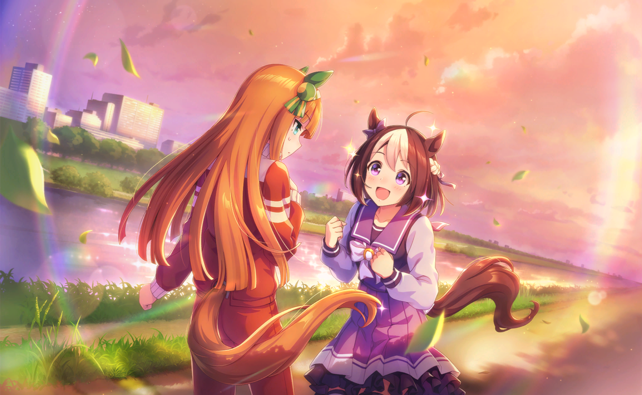 silence suzuka (umamusume), special week (umamusume), umamusume, artist request, game cg, highres, official art, 2girls, ahoge, animal ears, aqua eyes, blue sailor collar, blue shirt, blue skirt, blunt bangs, blunt ends, bow, bowtie, braid, brooch, brown hair, city, cloud, collarbone, dot nose, ear bow, ear covers, eye contact, face-to-face, feet out of frame, floating clothes, floating hair, frilled skirt, frills, from behind, green ribbon, hair between eyes, hair ornament, hair ribbon, hairband, half up braid, hand on own chest, happy, high-waist skirt, horse ears, horse girl, horse tail, horseshoe ornament, jacket, jewelry, leaf, light blush, light particles, light rays, long hair, long sleeves, looking at another, medium hair, miniskirt, multicolored hair, multiple girls, nervous, open mouth, orange hair, orange sky, outdoors, pants, parted lips, path, pleated skirt, puffy long sleeves, puffy sleeves, purple bow, purple eyes, red jacket, red pants, ribbon, river, road, sailor collar, school uniform, shade, shirt, sidelocks, single stripe, skirt, sky, smile, sphere hair ornament, sportswear, streaked hair, striped ribbon, sunset, sweatdrop, sweatpants, tail, tareme, tracen school uniform, tracen training uniform, track jacket, tree, turtleneck, turtleneck jacket, very long hair, white bow, white bowtie, white hairband, wind