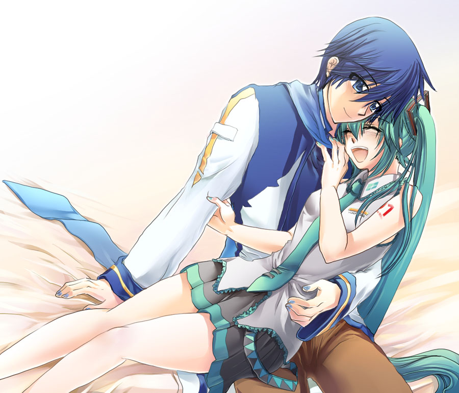 salovesy, hatsune miku, kaito (vocaloid), vocaloid, 1boy, 1girl, aqua eyes, aqua hair, bed, blue eyes, blue hair, couple, hetero, hug, long hair, necktie, skirt, twintails, very long hair