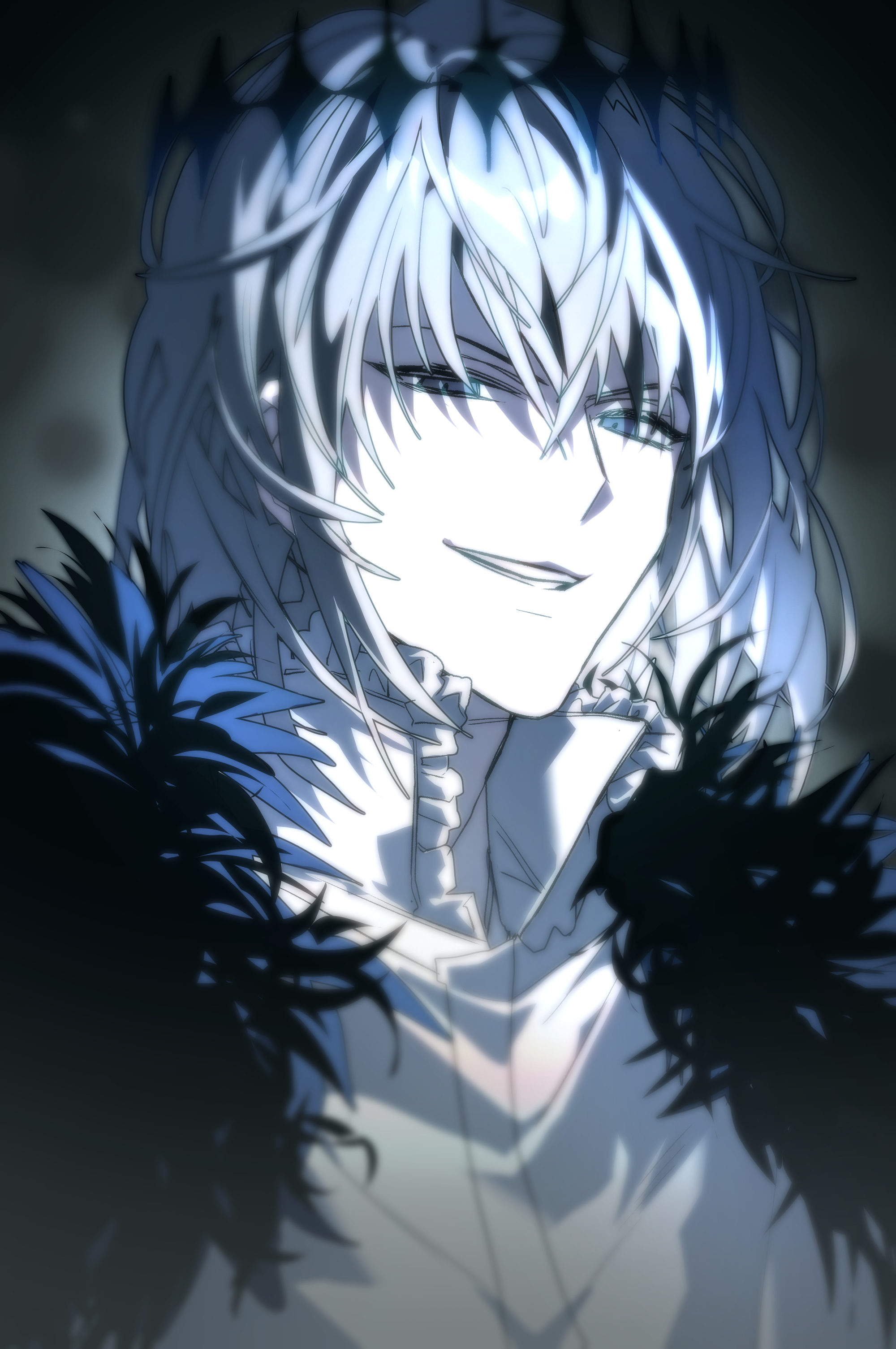 0304rong0304, oberon (fate), oberon (third ascension) (fate), fate/grand order, fate (series), absurdres, commentary, highres, 1boy, blue eyes, blurry, colored skin, crown, evil smile, fur trim, grey hair, male focus, portrait, smile, solo, vignetting, white skin