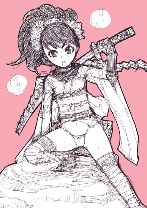 hachi menou, nairi, momohime, oboro muramasa, 1girl, armor, comb, female focus, flower, gauntlets, hair flower, hair ornament, heavy breathing, holding, holding behind back, holding sword, holding sword behind back, holding weapon, holding weapon behind back, japanese clothes, katana, kimono, monochrome, no pants, panties, pink background, ponytail, sheath, short kimono, sketch, solo, sword, thighhighs, underwear, unsheathing, weapon, weapon on back