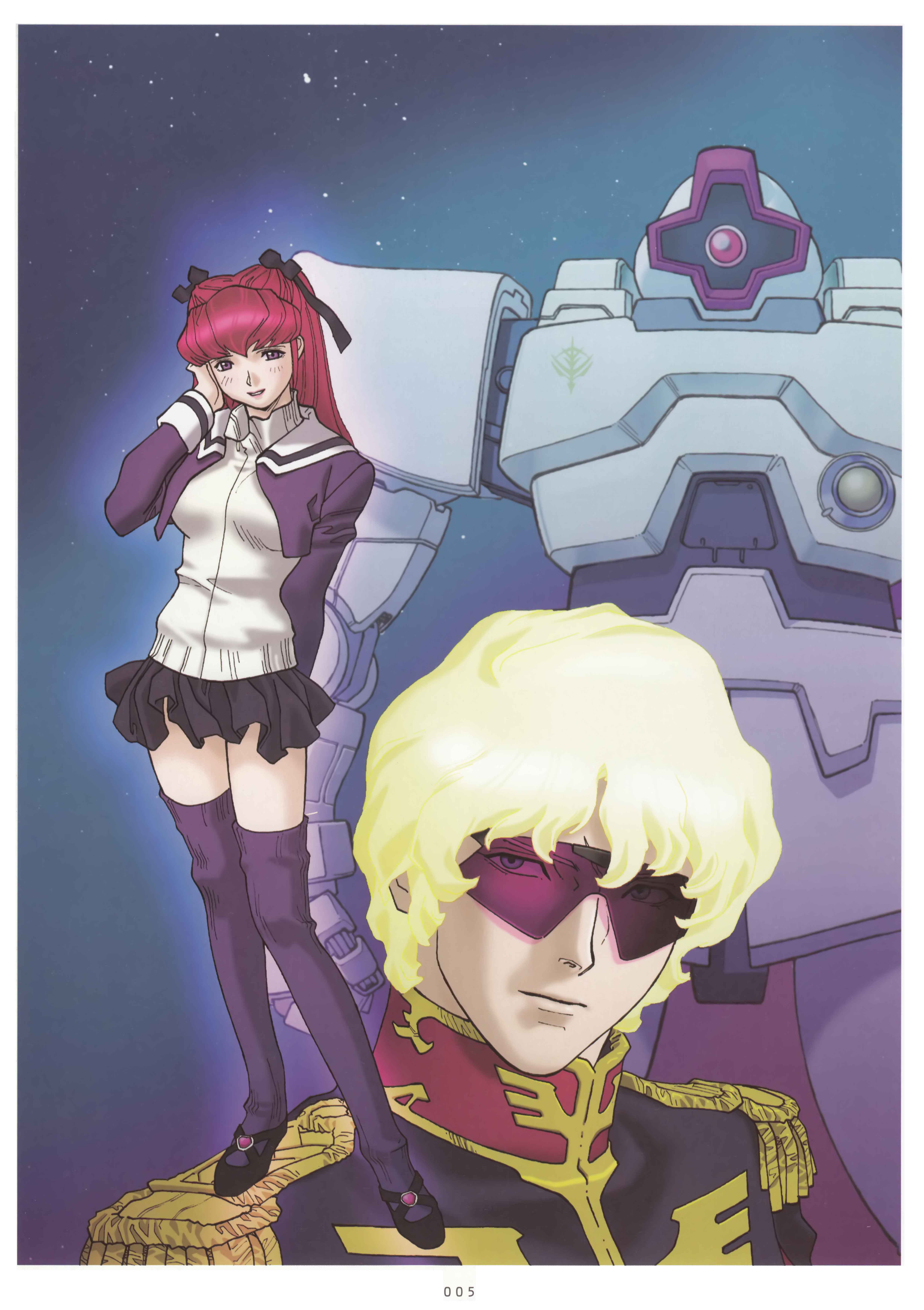 kitazume hiroyuki, char aznable, haman karn, char's deleted affair, gundam, absurdres, highres, official art, scan, traditional media, 1boy, 1girl, blonde hair, epaulettes, glowing, hair ribbon, mecha, mobile suit, nebula, neo zeon, ribbon, robot, schnee weiss (mobile suit), school uniform, science fiction, space, star (sky), sunglasses, thighhighs