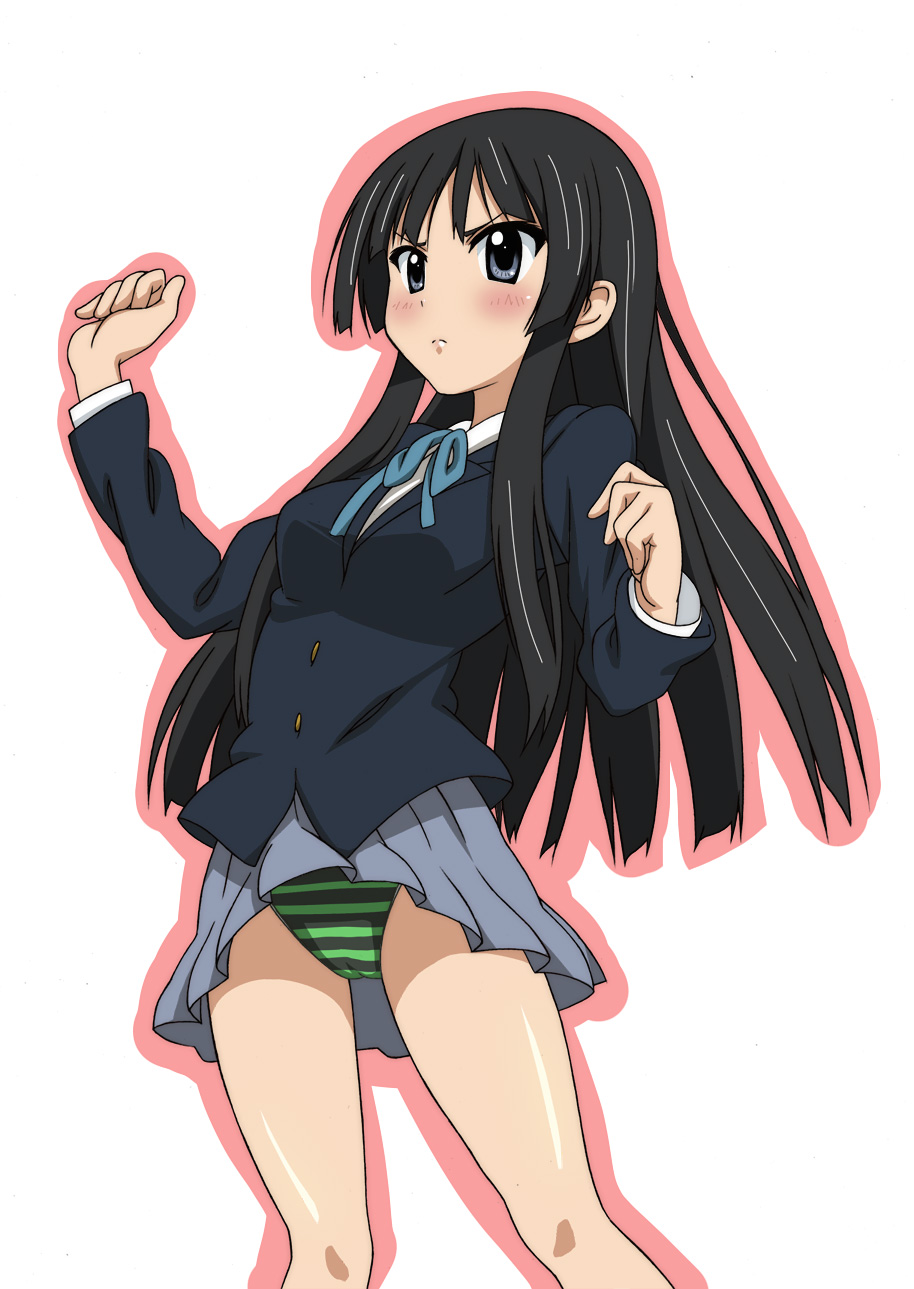 tsurugi (artist), akiyama mio, k-on!, bad id, bad pixiv id, highres, 00s, 1girl, black hair, blunt bangs, breasts, female focus, hime cut, long hair, panties, pantyshot, school uniform, simple background, solo, striped clothes, striped panties, underwear