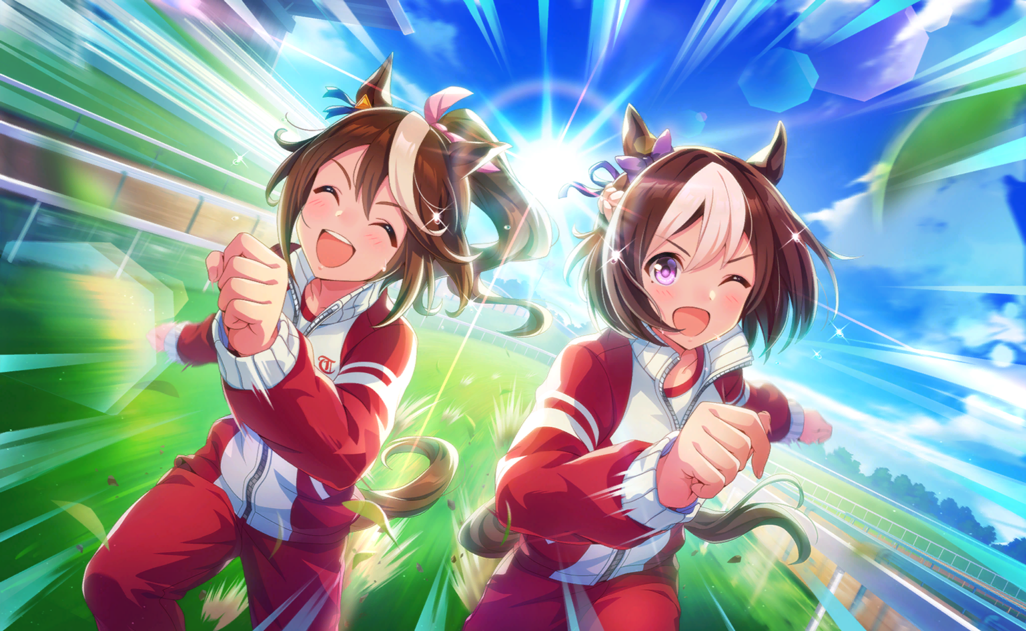 special week (umamusume), tokai teio (umamusume), umamusume, artist request, game cg, highres, official art, 2girls, ^ ^, animal ears, blue ribbon, blue sky, bow, braid, brown hair, clenched hands, closed eyes, cloud, collarbone, cowboy shot, crest, day, dot nose, ear bow, ear ornament, ear ribbon, emphasis lines, floating clothes, floating hair, glint, hair between eyes, hair bow, hair ribbon, half up braid, high ponytail, horse ears, horse girl, horse tail, jacket, light blush, long hair, long sleeves, looking ahead, motion blur, multicolored hair, multicolored jacket, multiple girls, one eye closed, open mouth, outdoors, pants, pink bow, ponytail, puffy long sleeves, puffy sleeves, purple bow, purple eyes, purple ribbon, racing, red jacket, red pants, ribbon, running, short hair, sky, smile, sportswear, streaked hair, sun, sweat, sweatpants, tail, tareme, teeth, tracen training uniform, track and field, track jacket, tree, turtleneck, turtleneck jacket, two-tone jacket, upper teeth only, white jacket, zipper