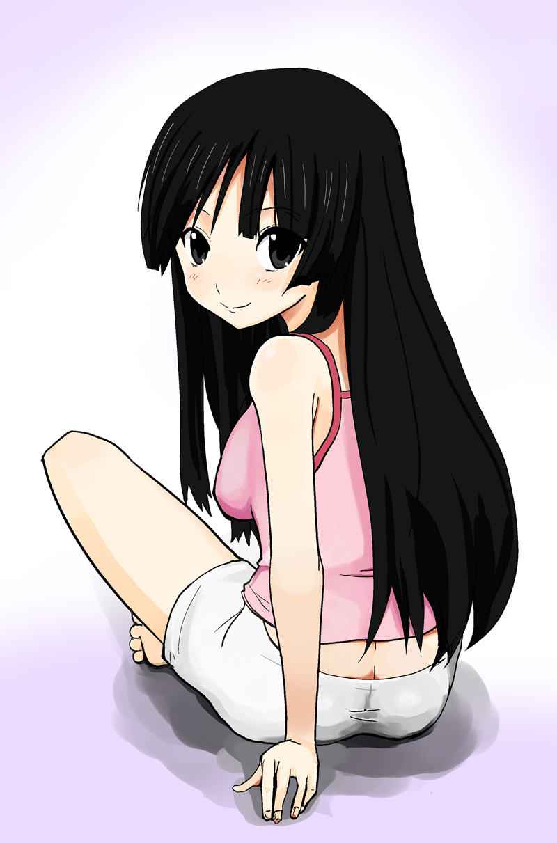 urara (yura), akiyama mio, k-on!, highres, 00s, 1girl, ass, barefoot, black hair, blunt bangs, butt crack, female focus, full body, gradient background, hime cut, long hair, looking back, solo