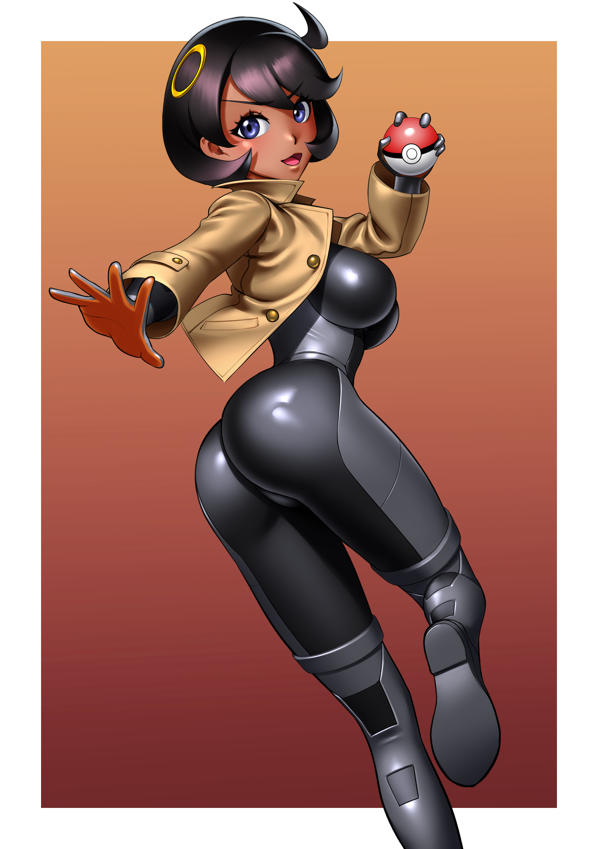 yossan illust, emma (pokemon), nintendo, pokemon, pokemon legends: z-a, absurdres, commentary, highres, 1girl, :3, :d, aged up, arm up, ass, black bodysuit, black boots, black gloves, black hair, blue eyes, bodysuit, bodysuit under clothes, boots, border, breasts, brown jacket, cowlick, dark-skinned female, dark skin, gloves, hair between eyes, hair ornament, holding, holding poke ball, jacket, knee boots, latex, latex bodysuit, long sleeves, looking at viewer, medium breasts, open clothes, open jacket, open mouth, orange background, orange gloves, poke ball, poke ball (basic), short hair, sidelocks, skin tight, smile, solo, standing, standing on one leg, swept bangs, two-tone gloves, white border