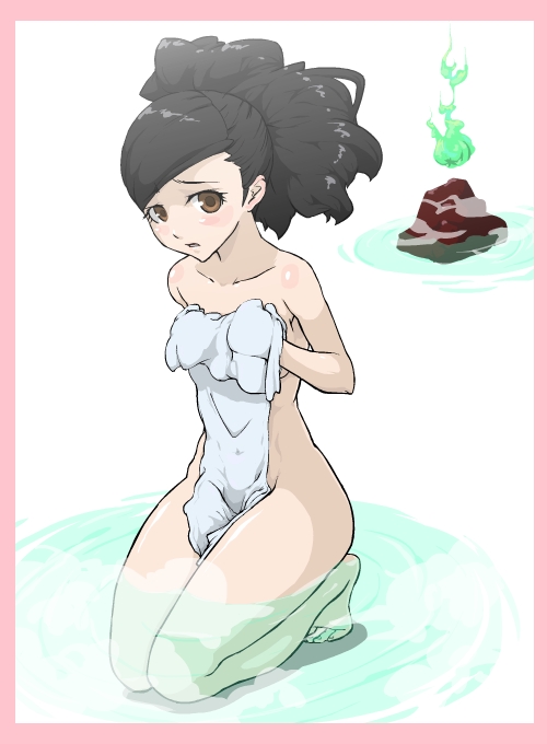 izuna jinkuro, jinkuro, momohime, oboro muramasa, 1girl, barefoot, bath, black hair, blush, breasts, brown eyes, covering breasts, covering privates, feet, hitodama, kneeling, nude, nude cover, onsen, ponytail, towel, water