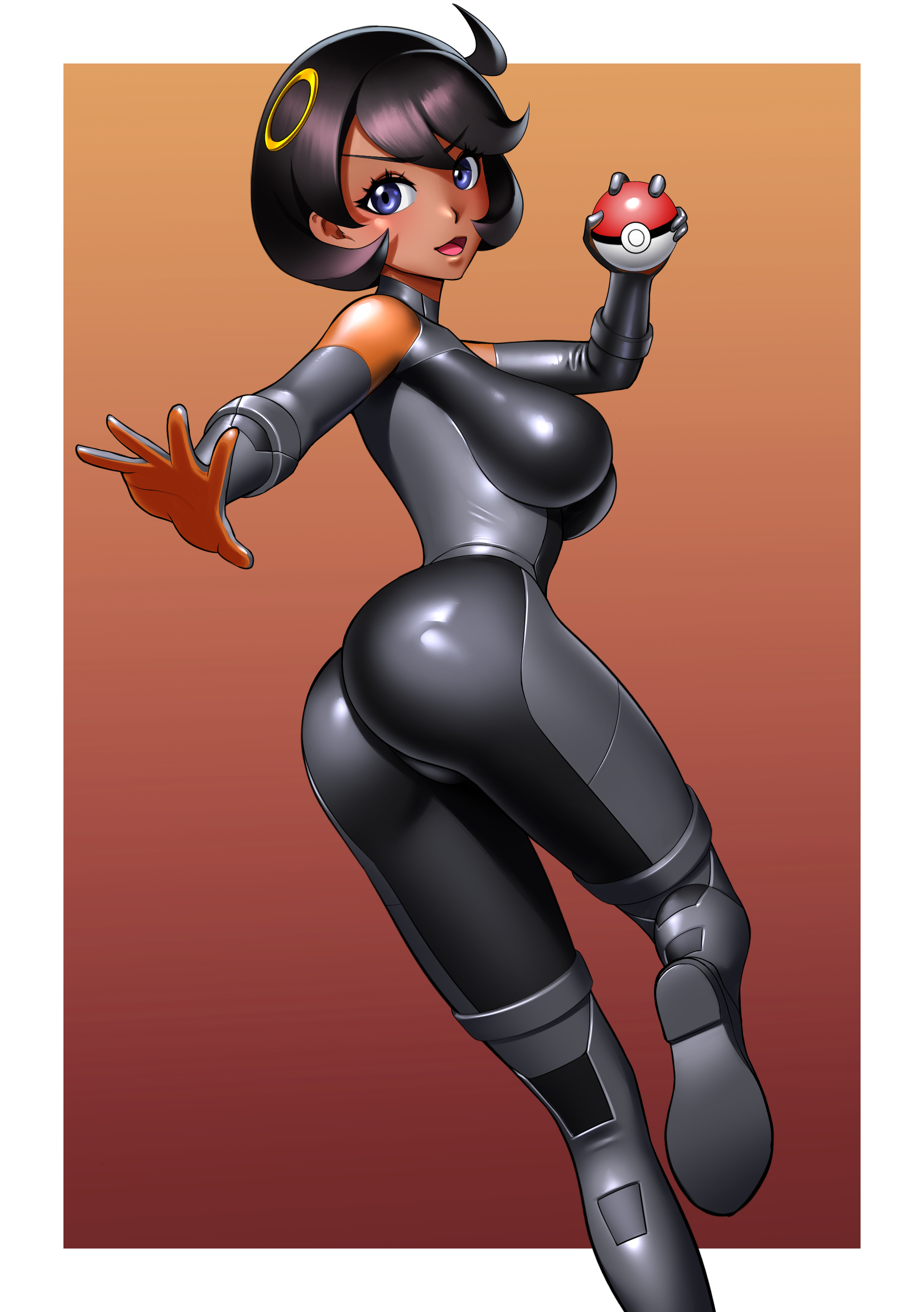 yossan illust, emma (pokemon), nintendo, pokemon, pokemon legends: z-a, absurdres, commentary, highres, 1girl, :3, :d, aged up, arm up, ass, black bodysuit, black boots, black gloves, black hair, blue eyes, bodysuit, boots, border, breasts, cowlick, dark-skinned female, dark skin, gloves, hair between eyes, hair ornament, holding, holding poke ball, jacket, knee boots, latex, latex bodysuit, looking at viewer, medium breasts, no jacket, open mouth, orange background, orange gloves, poke ball, poke ball (basic), short hair, sidelocks, skin tight, smile, solo, standing, standing on one leg, swept bangs, two-tone gloves, white border