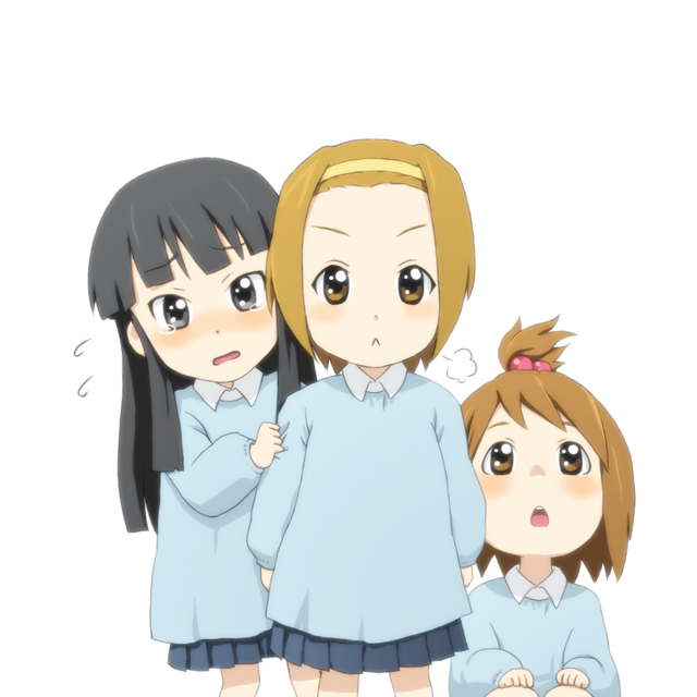 ryunosuke, akiyama mio, hirasawa yui, tainaka ritsu, k-on!, bad id, bad pixiv id, 00s, 3girls, :<, aged down, black hair, blunt bangs, blush, brown hair, hime cut, kindergarten, kindergarten uniform, long hair, looking at viewer, multiple girls, school uniform, short hair, simple background, tears, white background