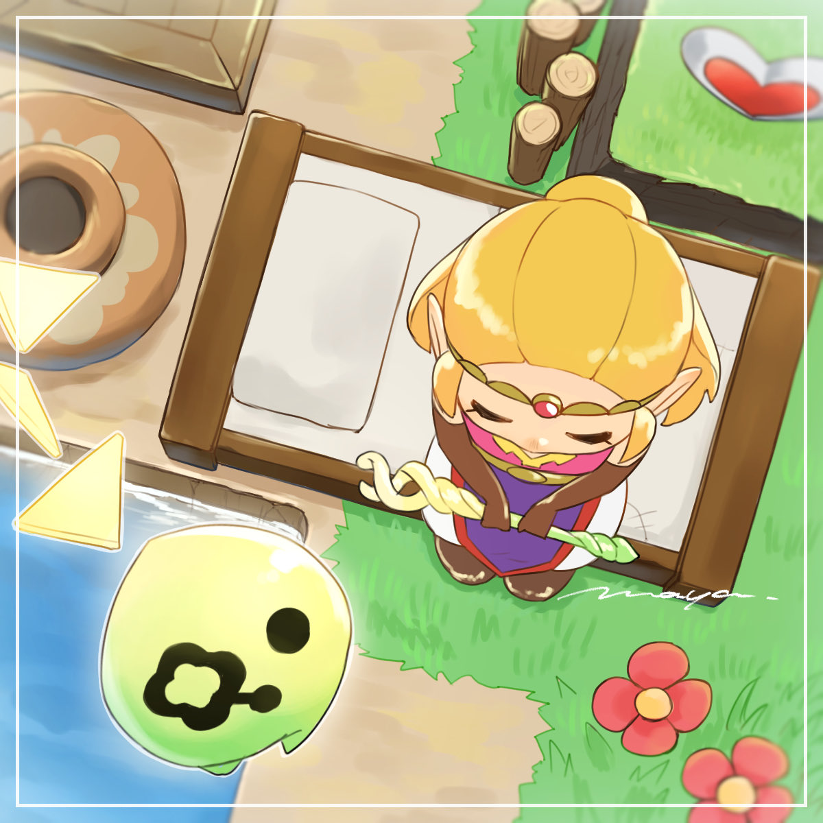 maya (mayamayammy), princess zelda, tri (zelda), nintendo, the legend of zelda, the legend of zelda: echoes of wisdom, commentary, highres, 1girl, artist name, blonde hair, brown gloves, elbow gloves, flower, from above, gloves, grass, heart container, holding, holding staff, mage staff, on bed, pants, pelvic curtain, pink shirt, pointy ears, red flower, shirt, signature, sitting, solo, staff, tri rod, water, white pants