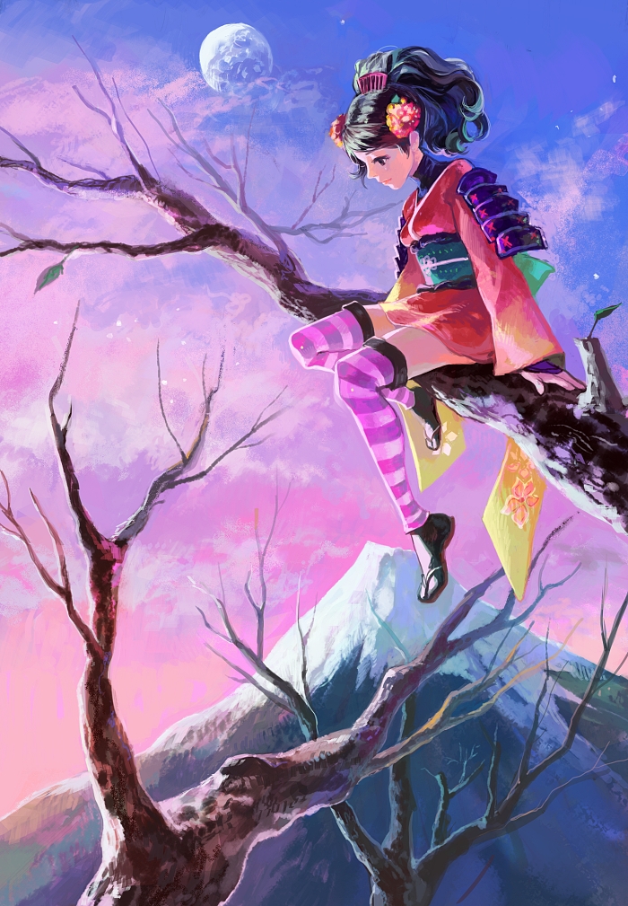 taira, momohime, oboro muramasa, bad id, bad pixiv id, 1girl, armor, bare tree, black hair, brown eyes, cloud, comb, day, female focus, flower, full body, full moon, hair flower, hair ornament, in tree, japanese clothes, kimono, legs, moon, mount fuji, mountain, outdoors, ponytail, sandals, short kimono, sitting, sitting in tree, sky, snow, solo, striped clothes, striped thighhighs, thighhighs, tree