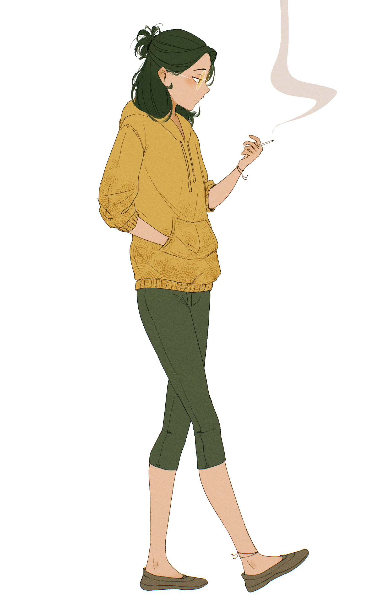 spindle (aidenr0), original, alt text, commentary, english commentary, highres, 1girl, brown shoes, capri pants, cigarette, closed mouth, expressionless, from side, full body, glasses, green hair, grey pants, half updo, hand in pocket, holding, holding cigarette, hood, hoodie, medium hair, pants, round eyewear, self-portrait, shoes, simple background, smoke, smoking, solo, three-quarter sleeves, walking, white background, yellow hoodie