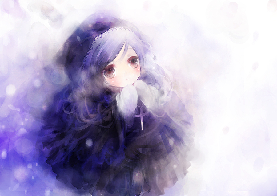 shimeko, 1girl, child, cross, female focus, gloves, mittens, pink eyes, purple hair, snow, solo, wavy hair