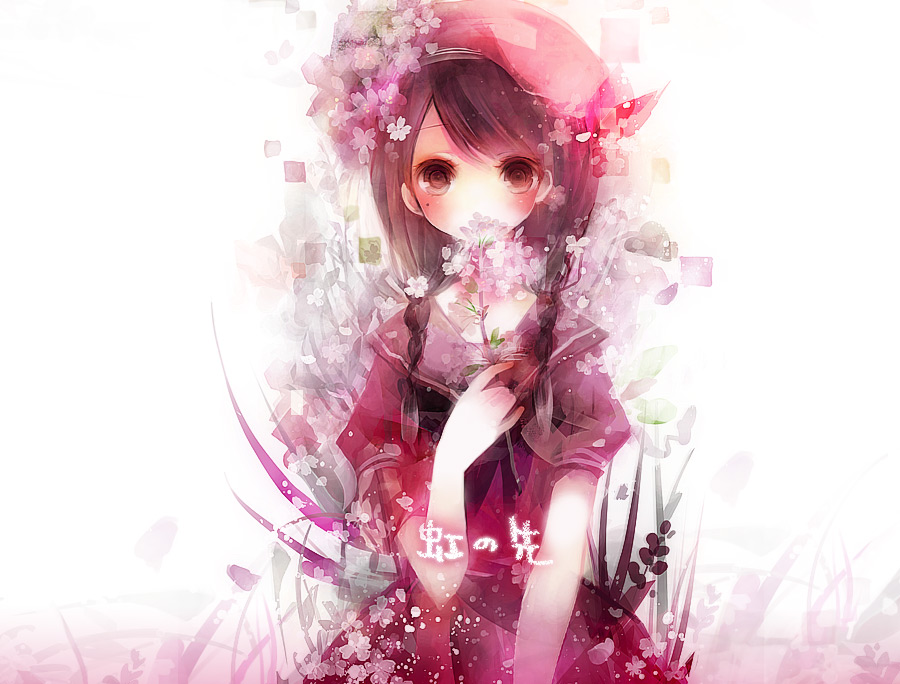 shimeko, 1girl, braid, brown eyes, brown hair, cherry blossoms, female focus, flower, hat, long hair, looking at viewer, mole, mole under eye, petals, red eyes, solo, twin braids, twintails