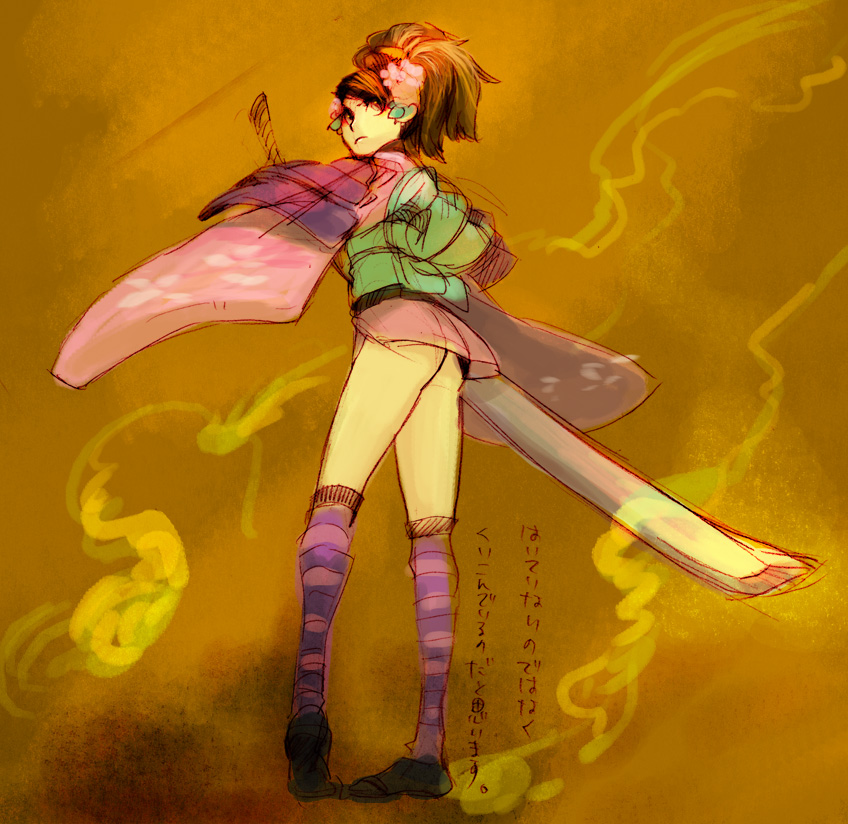fjordtrotter, harutokoe, momohime, oboro muramasa, bad id, bad pixiv id, translated, armor, ass, brown eyes, brown hair, comb, floral print, flower, hair flower, hair ornament, japanese clothes, katana, kimono, looking back, ponytail, sandals, short kimono, solo, sword, weapon