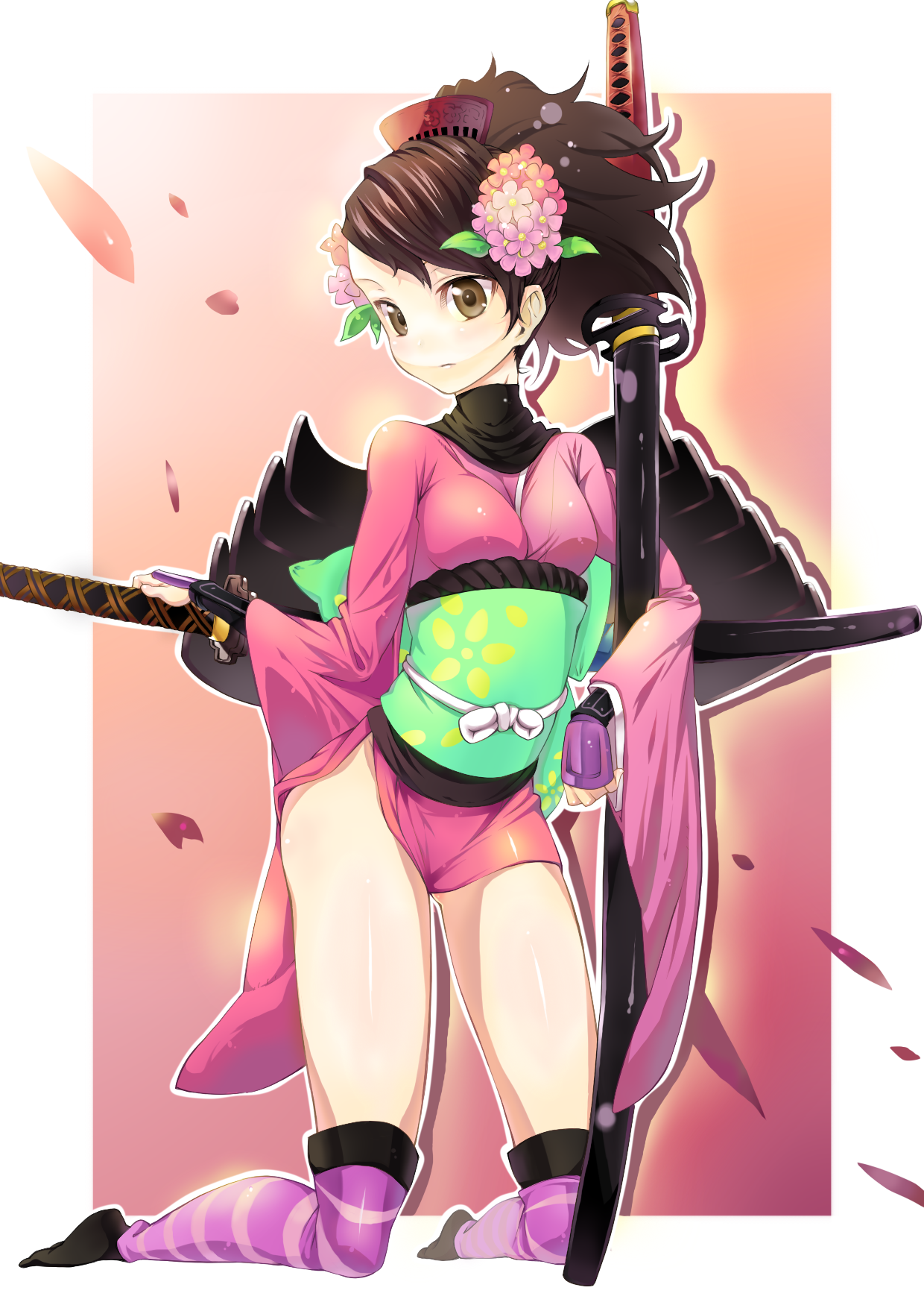 kazuma (kazumav), momohime, oboro muramasa, striped, highres, 1girl, armor, brown eyes, brown hair, cherry blossoms, comb, female focus, floral print, flower, full body, gauntlets, hair flower, hair ornament, japanese clothes, katana, kimono, kneehighs, kneeling, no nose, ponytail, sheath, sheathed, short kimono, socks, solo, sword, thighhighs, thighs, weapon