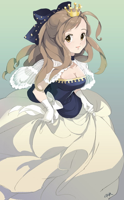 chkuyomi, 1girl, blonde hair, bow, breasts, cleavage, crown, dress, female focus, gloves, lace, large breasts, long hair, ribbon, solo