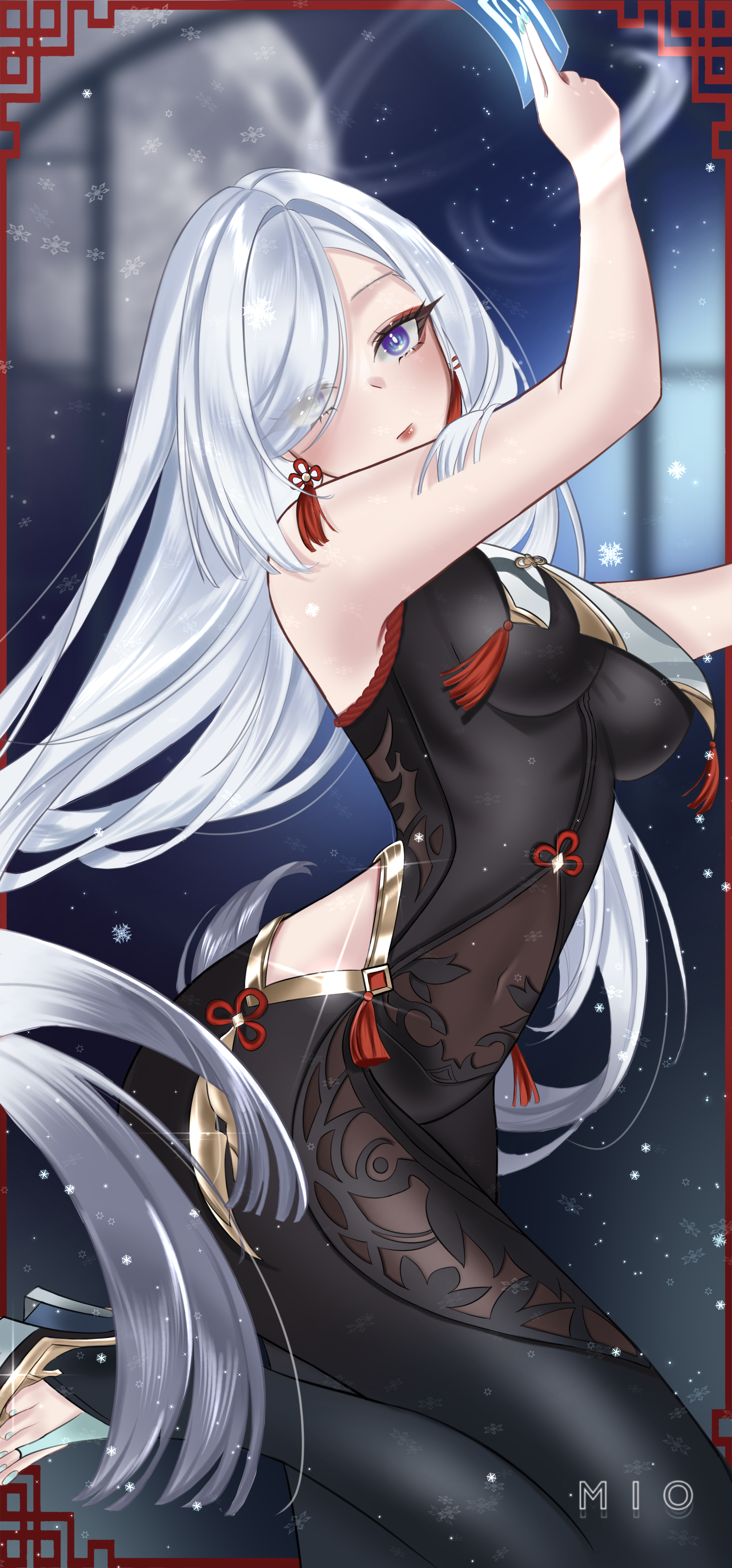 shenhe (genshin impact), genshin impact, absurdres, highres, scan, 1girl, aqua nails, aqua toenails, armpit crease, artist name, bare arms, bare shoulders, black bodysuit, bodystocking, bodysuit, braid, breasts, clothing cutout, covered navel, crease, curvy, earrings, expressionless, eyelashes, feet, female focus, floating hair, from side, grey eyes, groin, hair ornament, hair over one eye, hand up, high heel sandals, hip vent, jewelry, large breasts, legs, lips, long hair, looking at viewer, low-braided long hair, low-tied long hair, nail polish, no panties, platform sandals, sandals, see-through bodysuit, see-through clothes, sidelocks, skin tight, sleeveless, sleeveless bodysuit, snowflakes, standing, standing on one leg, tassel, tassel earrings, tassel hair ornament, thighs, toenail polish, toenails, toes, turning head, underboob, unworn headwear, very long hair, white hair