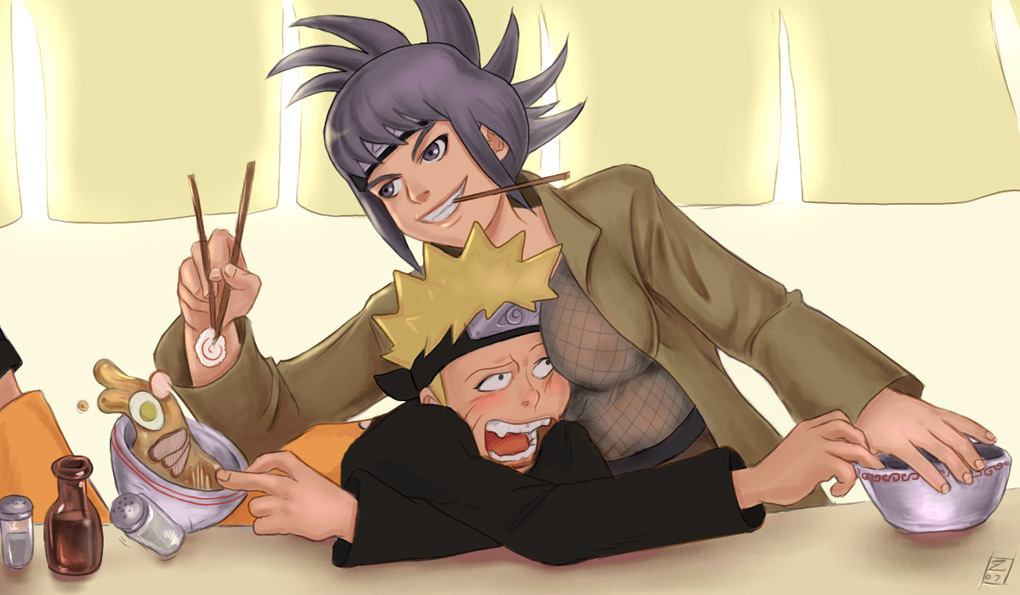 thez, mitarashi anko, uzumaki naruto, naruto (classic), naruto (series), 1boy, 1girl, alternate eye color, blonde hair, bodysuit, breast press, breasts, facial mark, fishnets, food, large breasts, noodles, ponytail, ramen, see-through clothes, short ponytail, spiked hair, whisker markings