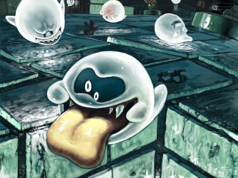 koki (ryoushikiha), boo (mario), bow (paper mario), mario, mario (series), nintendo, paper mario, paper mario 64, super mario rpg, 1boy, blush, bow, crossover, fangs, mouse (animal), saliva, sleeping, teeth, tongue