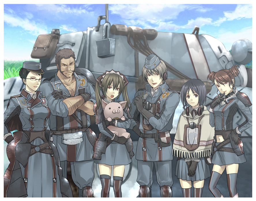 3u, hyunjoong, alicia melchiott, brigitte stark, eleanor varrot, isara gunther, largo potter, welkin gunther, sega, senjou no valkyria, senjou no valkyria (series), senjou no valkyria 1, vehicle, bad id, bad pixiv id, 00s, 2boys, 4girls, fringe trim, military, military uniform, military vehicle, motor vehicle, multiple boys, multiple girls, pig, poncho, tank, thighhighs