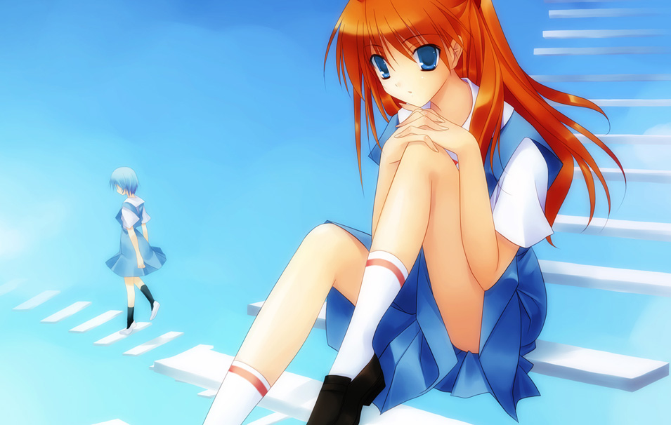 toranosuke, ayanami rei, souryuu asuka langley, neon genesis evangelion, 2girls, blue eyes, blue hair, multiple girls, red hair, school uniform, socks