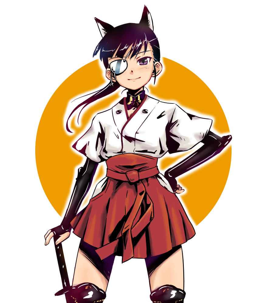 kawaguchi hyoue, sakamoto mio, strike witches, world witches series, 00s, 1girl, animal ears, black hair, elbow gloves, eyepatch, female focus, gloves, hand on own hip, hip focus, japanese clothes, katana, smile, solo, sword, weapon