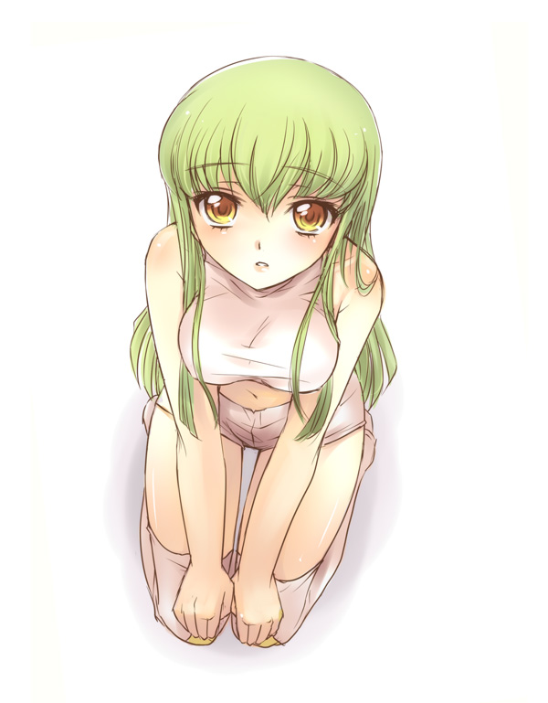 mizunomoto, c.c., code geass, 00s, breasts, green hair, kneeling, large breasts, long hair, solo, yellow eyes