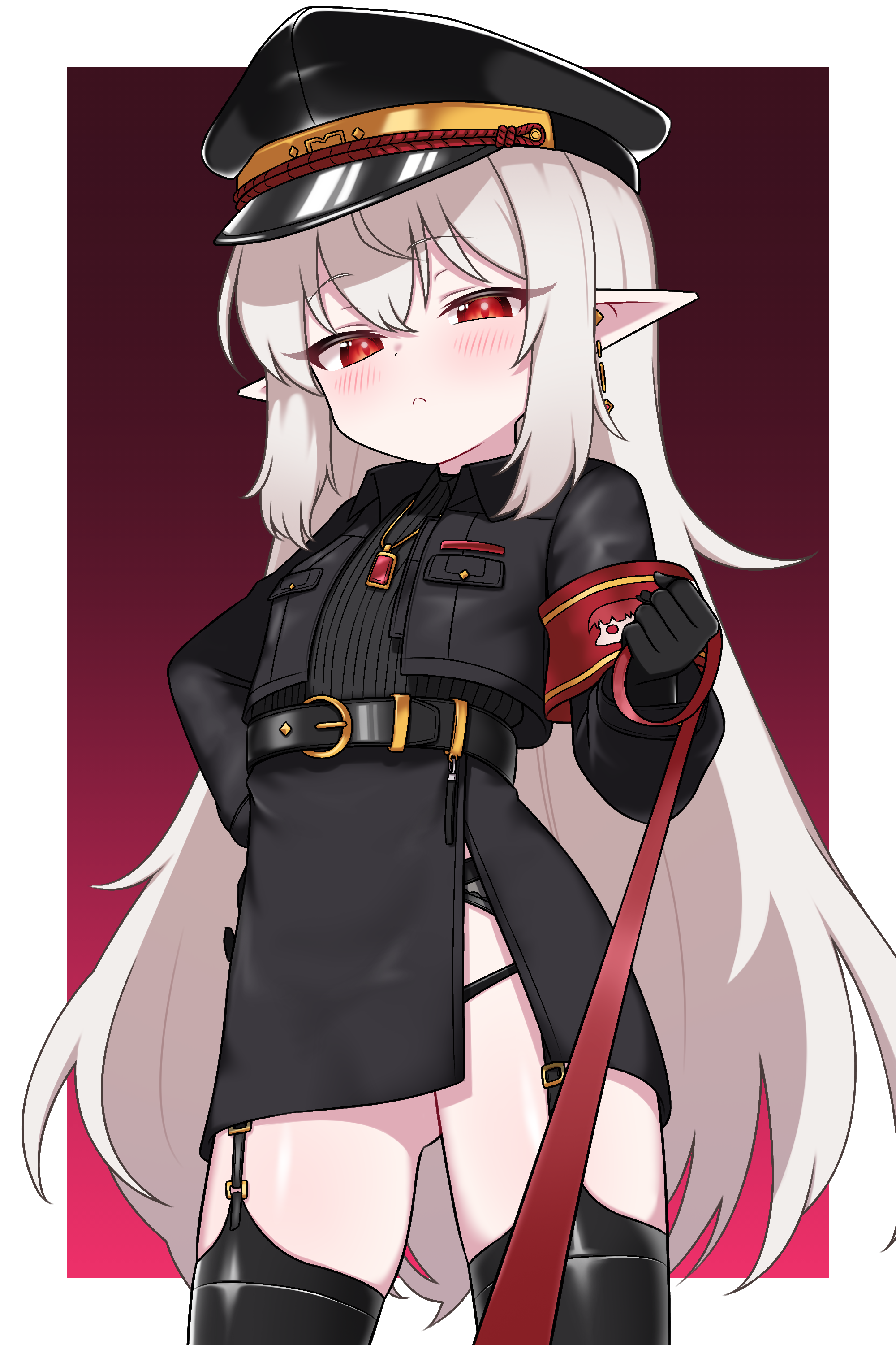 zing (z z zing), original, absurdres, commentary, commission, english commentary, highres, variant set, 1girl, black gloves, garter straps, gloves, hat, leash, long hair, pointy ears, red eyes, solo, thighhighs