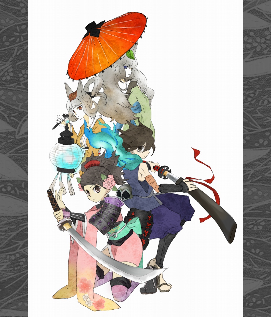 kisuke, kongiku, momohime, yuzuruha, oboro muramasa, highres, 1boy, 3girls, animal ears, armor, bare shoulders, black hair, blue eyes, breasts, brown eyes, comb, floral print, flower, gauntlets, hair flower, hair ornament, hair up, holding, holding sword, holding weapon, japanese clothes, katana, kimono, kneeling, lantern, leaf, leaf on head, long hair, looking back, multiple girls, oil-paper umbrella, orange eyes, ponytail, ribbon, sandals, scarf, sheath, short kimono, skull, small breasts, sword, thighhighs, umbrella, unsheathing, weapon, white hair