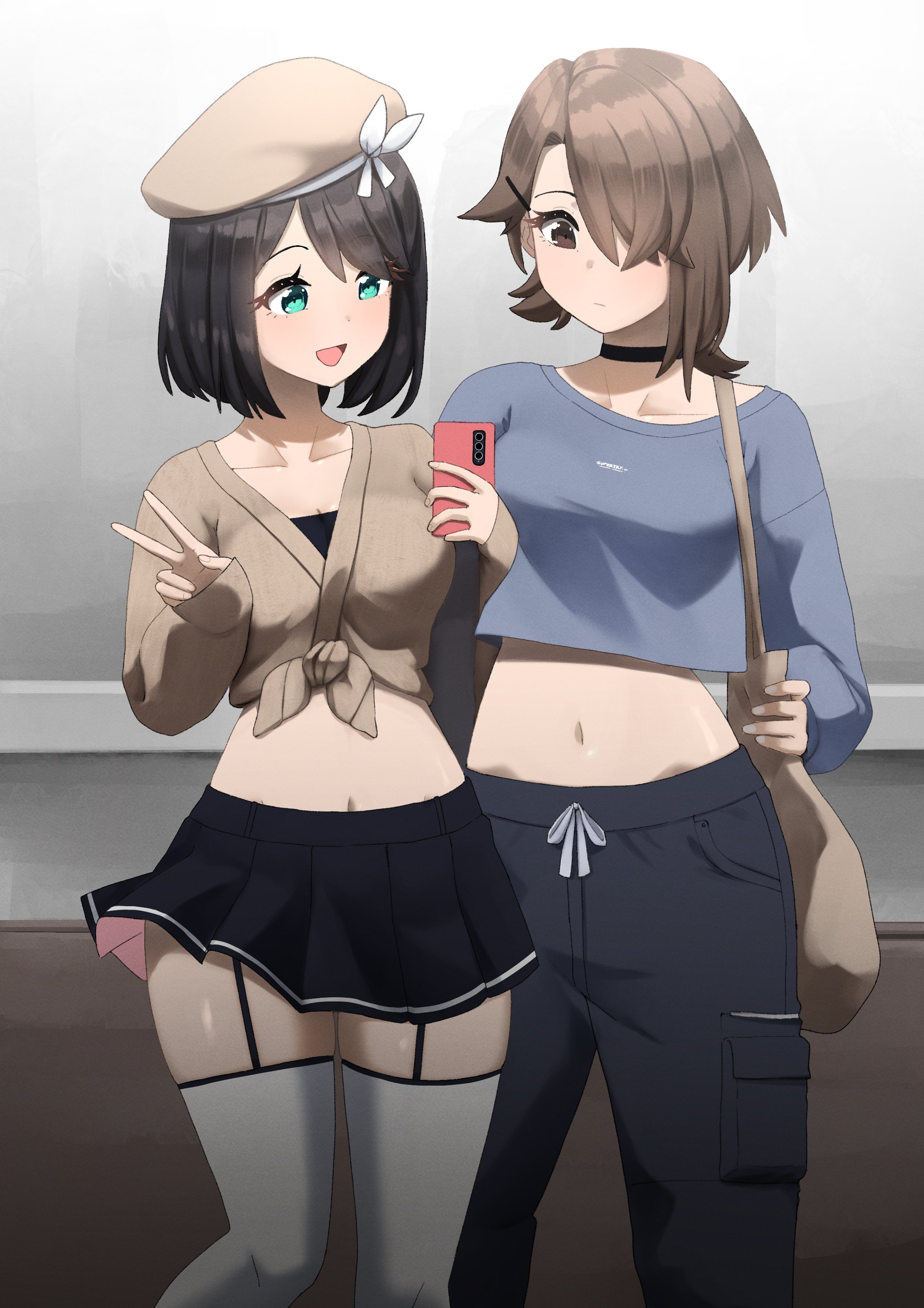 fav faris, original, absurdres, highres, 2girls, aqua eyes, asymmetrical bangs, bag, beret, black choker, black garter straps, black hair, black skirt, blue sweater, breasts, brown cardigan, brown eyes, brown hair, brown hat, cardigan, cellphone, choker, closed mouth, collarbone, crop top, crop top overhang, cropped sweater, expressionless, eyebrows hidden by hair, garter straps, grey pants, grey thighhighs, hair over one eye, hat, holding, holding phone, long bangs, long sleeves, midriff, miniskirt, multiple girls, navel, one eye covered, open mouth, pants, phone, pleated skirt, short hair, shoulder bag, skirt, sleeves past wrists, smartphone, smile, standing, sweater, thighhighs, v, zettai ryouiki