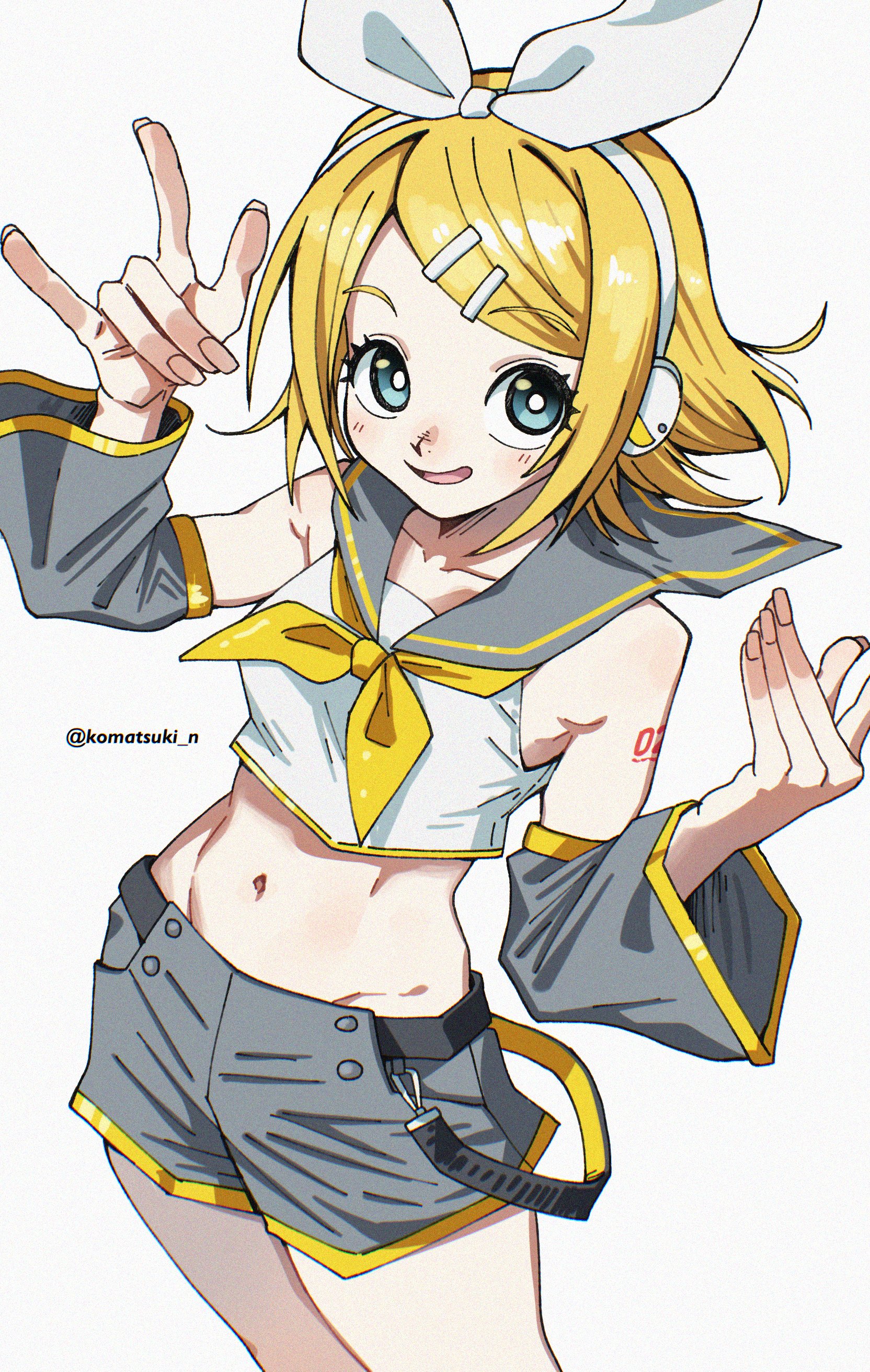 komatsuki n, kagamine rin, vocaloid, absurdres, highres, 1girl, bare shoulders, blonde hair, blue eyes, bow, crop top, detached sleeves, hair bow, hair ornament, hairclip, headphones, looking at viewer, midriff, navel, neckerchief, number tattoo, sailor collar, shorts, smile, solo, tattoo, white background, yellow neckerchief