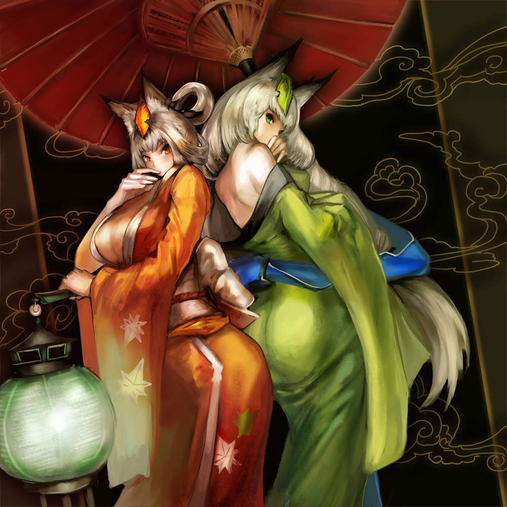 n.a., inari, kongiku, yuzuruha, oboro muramasa, bad id, bad pixiv id, 2girls, animal ears, ass, back, bare shoulders, breasts, cleavage, green eyes, hair up, hand to own mouth, huge ass, japanese clothes, kimono, lantern, large breasts, leaf, leaf on head, long hair, looking back, multiple girls, object on head, off shoulder, oil-paper umbrella, orange eyes, paper lantern, umbrella, very long hair, white hair