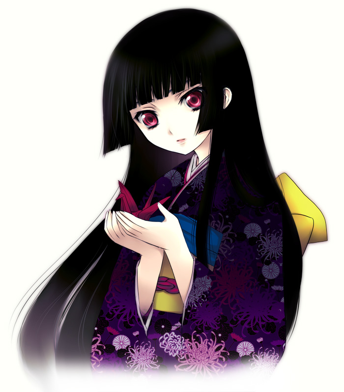mizunomoto, enma ai, jigoku shoujo, 00s, 1girl, black hair, blunt bangs, female focus, floral print, hime cut, holding, japanese clothes, kimono, long hair, obi, origami, paper crane, red eyes, sash, simple background, solo, white background