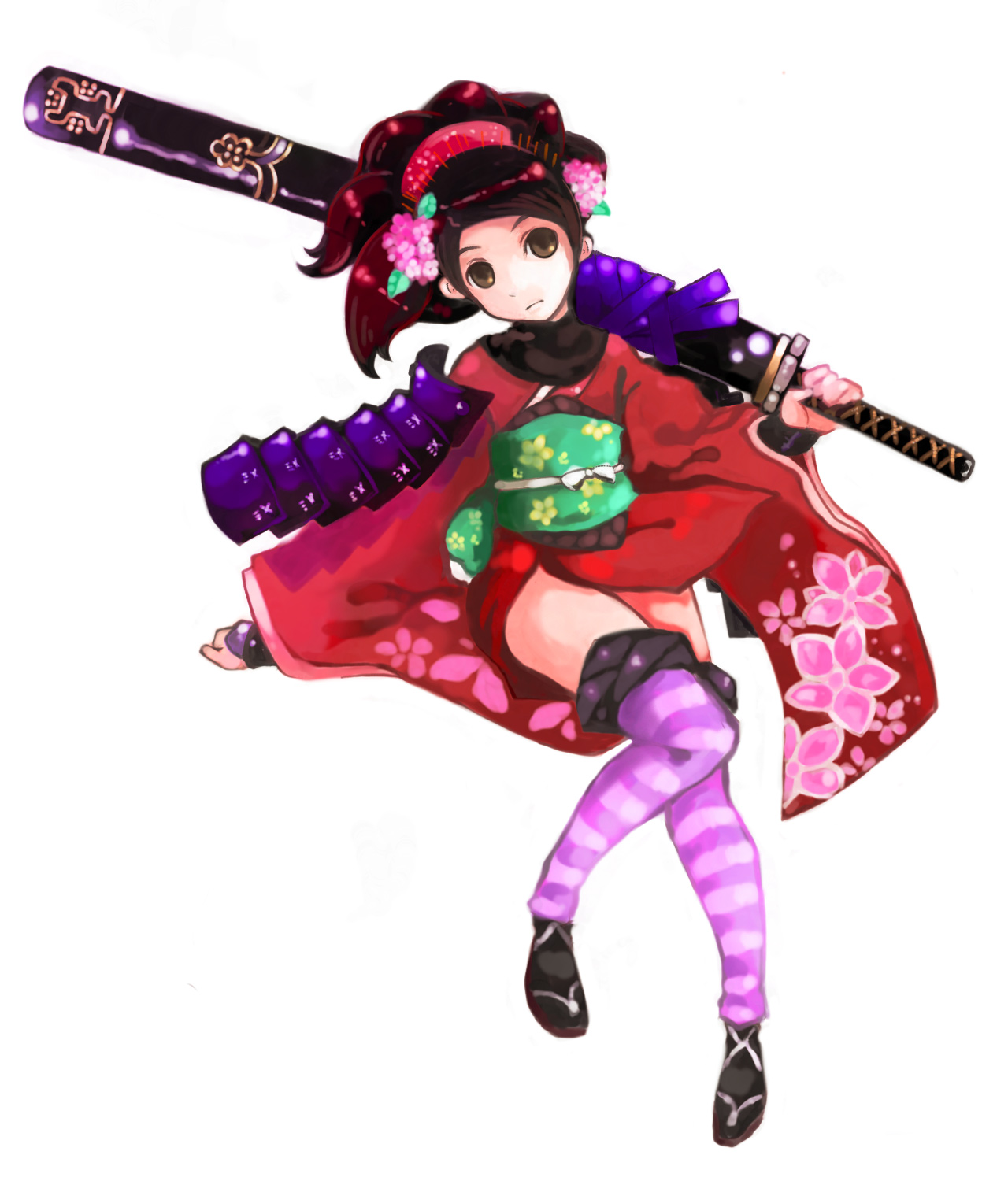momohime, oboro muramasa, highres, armor, brown eyes, brown hair, comb, floral print, flower, gauntlets, hair flower, hair ornament, japanese clothes, katana, kimono, ponytail, sandals, sheath, sheathed, short kimono, simple background, solo, striped clothes, striped thighhighs, sword, thighhighs, thighs, weapon