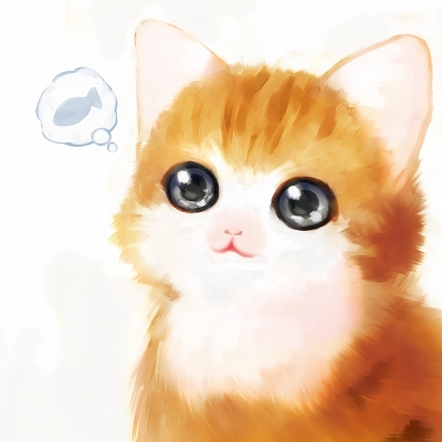 siro (asteblanc), bad id, bad pixiv id, lowres, traditional media, :3, animal, animal ears, baby animal, blue eyes, cat, cat ears, fish, grey eyes, kitten, no humans, speech bubble, thinking, thought bubble