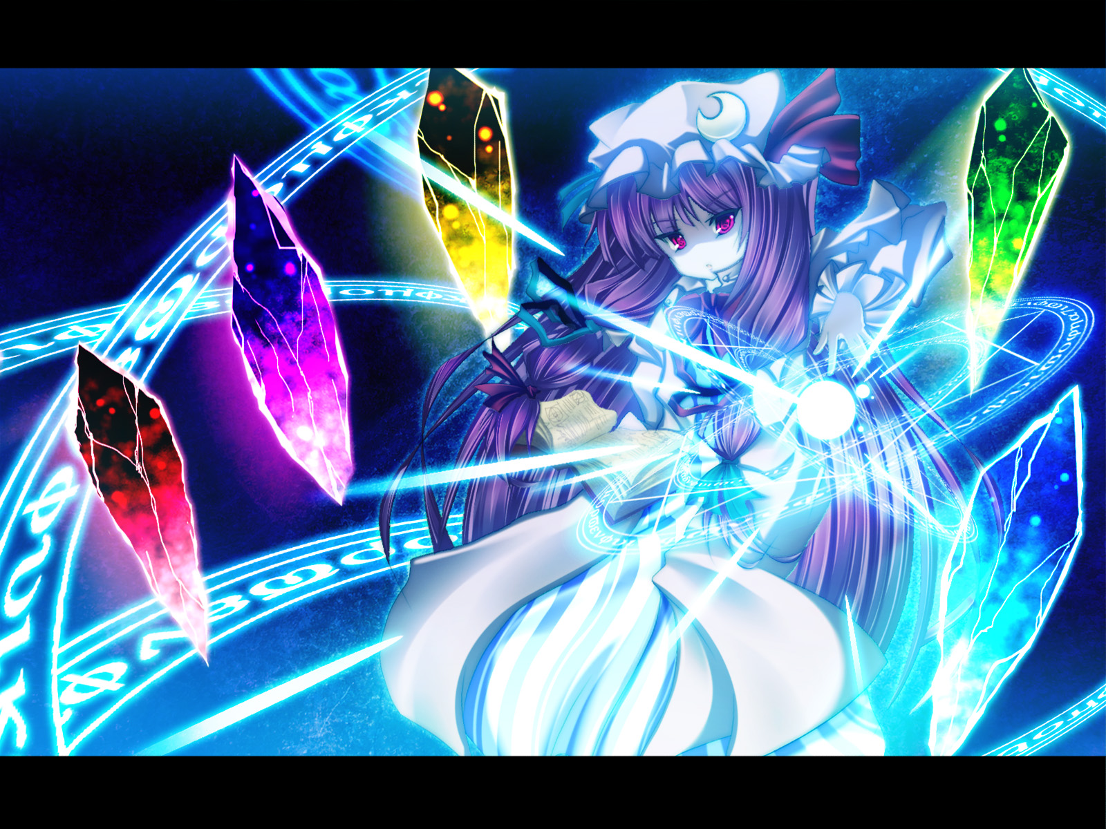 kiyomin, patchouli knowledge, touhou, highres, 1girl, book, crystal, danmaku, female focus, hair ribbon, hat, letterboxed, long hair, magic circle, purple eyes, purple hair, ribbon, solo