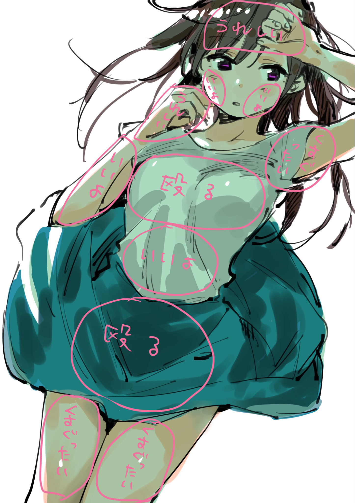 miyajima reiji, mizuhara chizuru, kanojo okarishimasu, highres, official art, translation request, 1girl, arm up, blue skirt, breasts, brown hair, chart, cowboy shot, diagram, long hair, lying, on back, shirt, simple background, skirt, solo, thighs, white background, white shirt