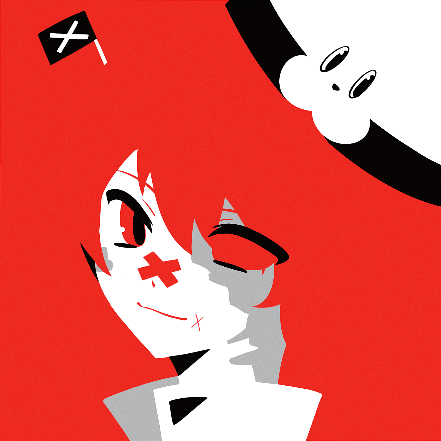 feiwusheng, fukase, vocaloid, chinese commentary, commentary request, highres, 1boy, animal hat, bandaid, bandaid on face, bandaid on nose, closed mouth, colored skin, crossed bandaids, double-parted bangs, flag, flat color, hair between eyes, hat, hat tip, head flag, looking at viewer, male focus, no lineart, portrait, red background, red eyes, red hair, shirt, simple background, smile, solo, top hat, white hat, white shirt, white skin